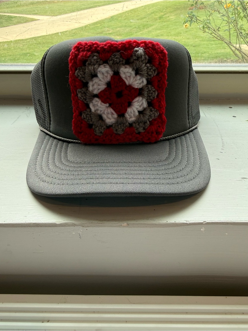 Gray Trucker Hat with Granny Square Patch